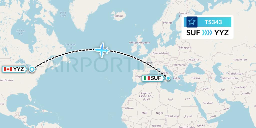 TS343 Air Transat Flight Map: Lamezia Terme to Toronto
