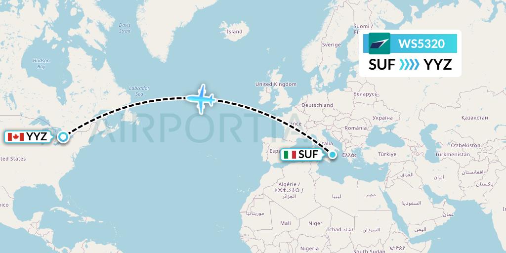 WS5320 WestJet Flight Map: Lamezia Terme to Toronto