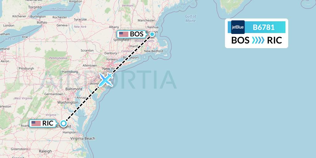 B6781 JetBlue Airways Flight Map: Boston to Richmond
