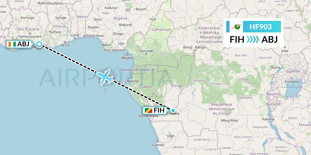 HF903 Air Cote d'Ivoire Flight Map: Kinshasa to Abidjan