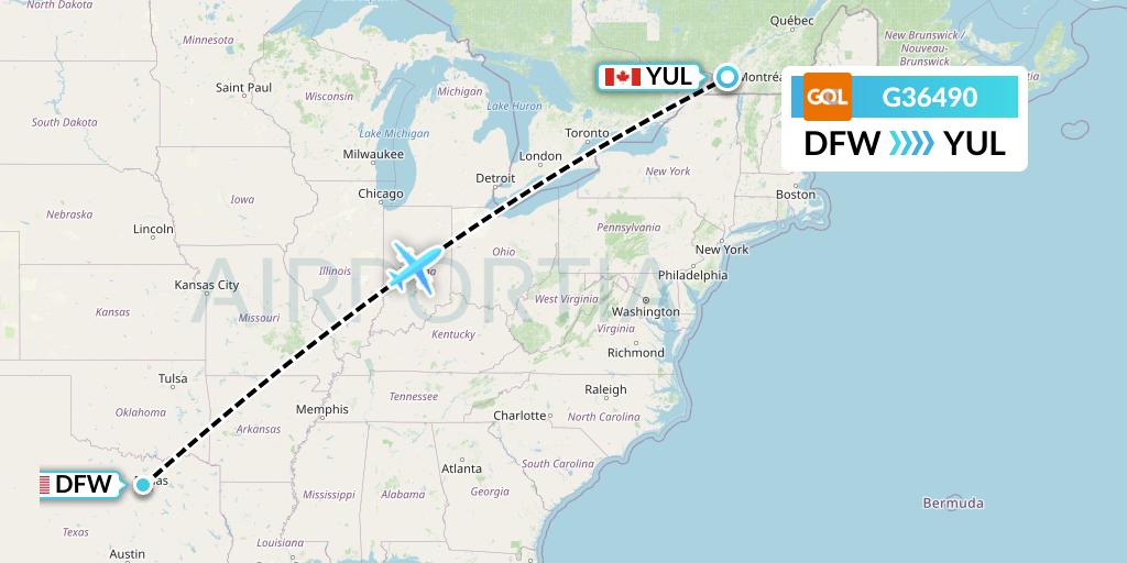 G36490 GOL Transportes Aeros Flight Map: Dallas to Montreal