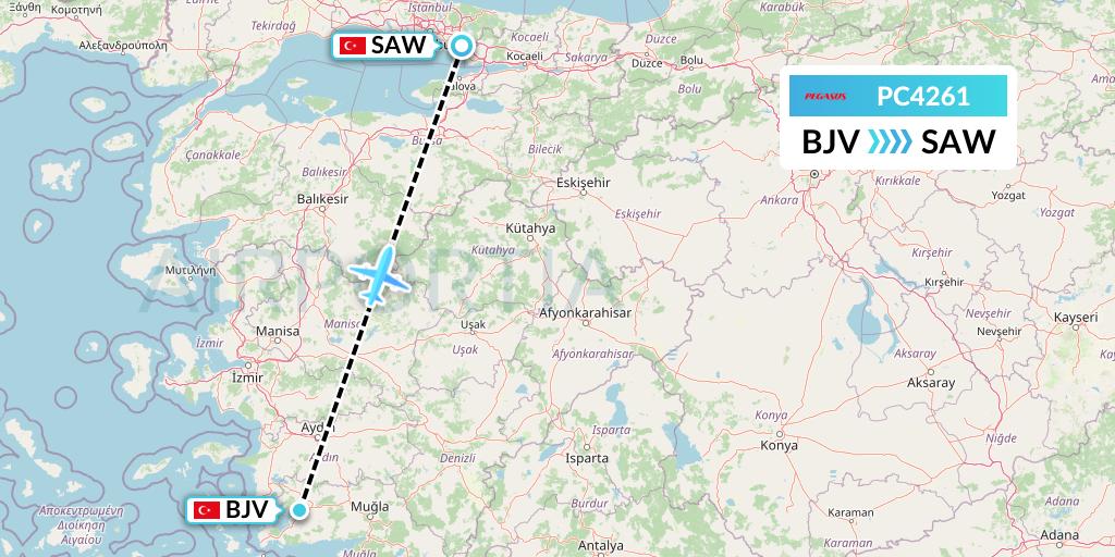 PC4261 Pegasus Airlines Flight Map: Bodrum to Istanbul