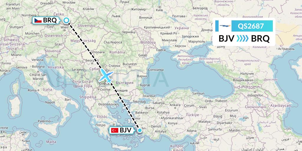 QS2687 Smartwings Flight Map: Bodrum to Brno