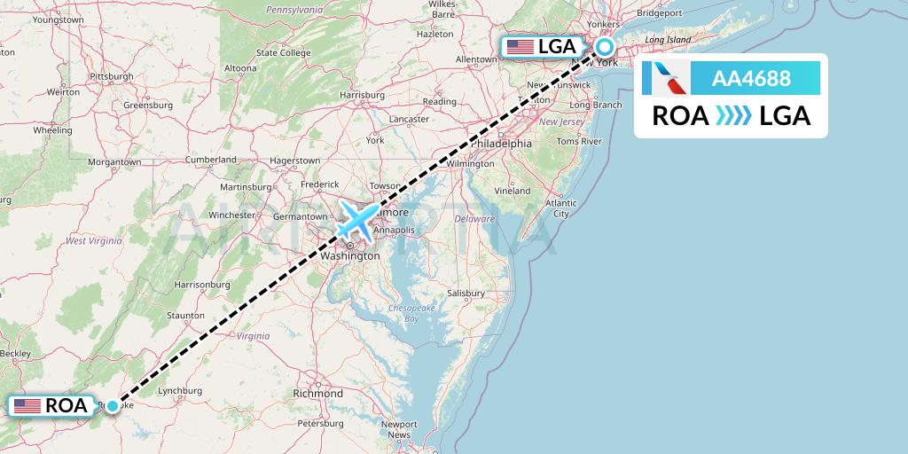 AA4688 American Airlines Flight Map: Roanoke to New York
