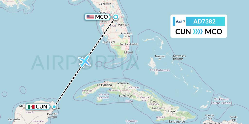 AD7382 Azul Brazilian Airlines Flight Map: Cancun to Orlando
