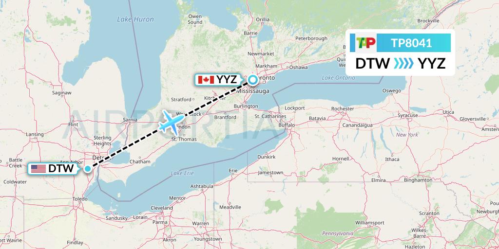 TP8041 TAP Portugal Flight Map: Detroit to Toronto