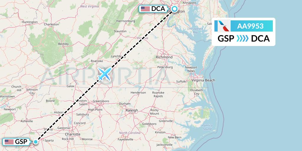 AA9953 American Airlines Flight Map: Greenville-Spartanburg to Washington