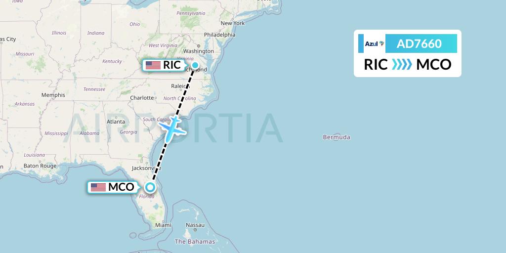 AD7660 Azul Brazilian Airlines Flight Map: Richmond to Orlando