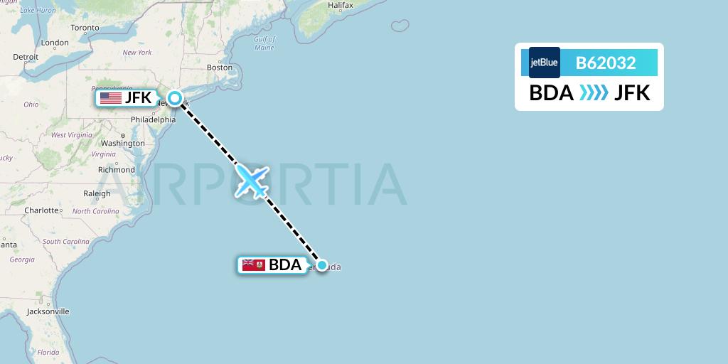 B62032 JetBlue Airways Flight Map: Bermuda to New York