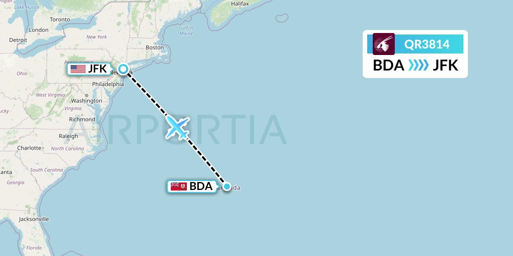 QR3814 Qatar Airways Flight Map: Bermuda to New York