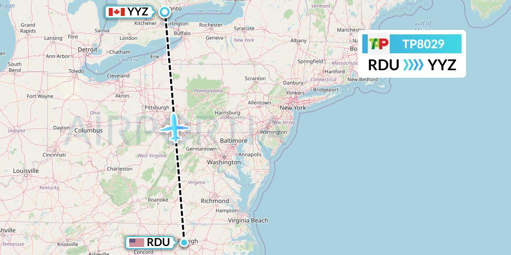 TP8029 TAP Portugal Flight Map: Raleigh-Durham to Toronto