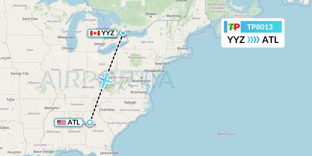 TP8013 TAP Portugal Flight Map: Toronto to Atlanta