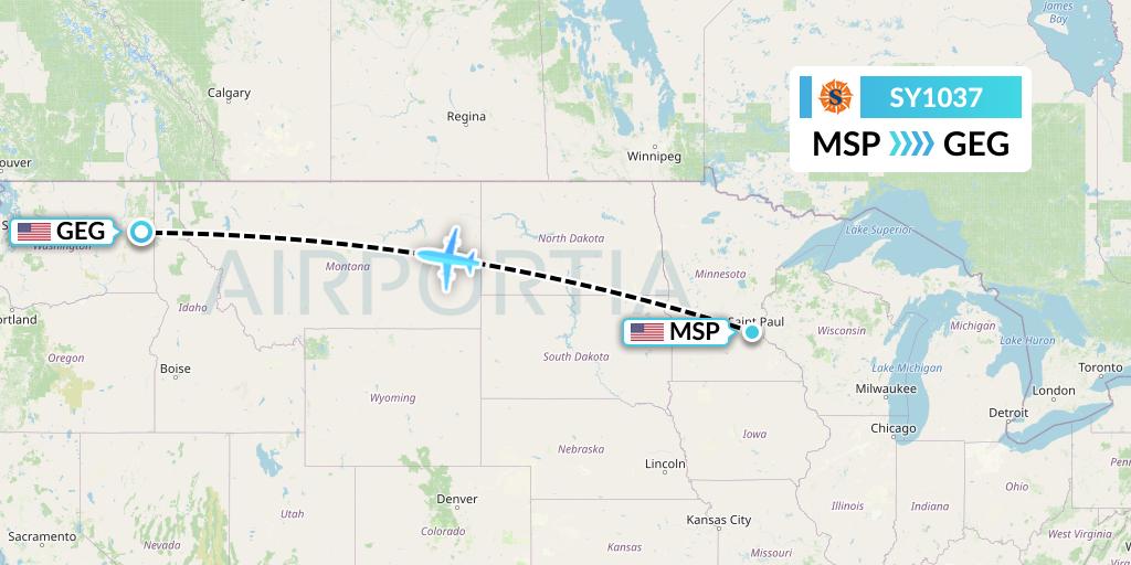 SY1037 Sun Country Airlines Flight Map: Minneapolis to Spokane
