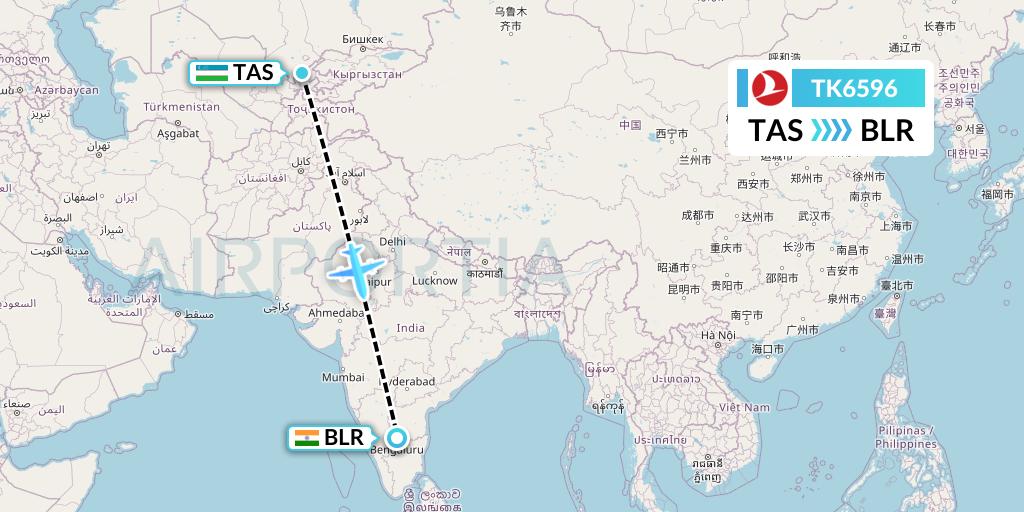 TK6596 Turkish Airlines Flight Map: Tashkent to Bangalore
