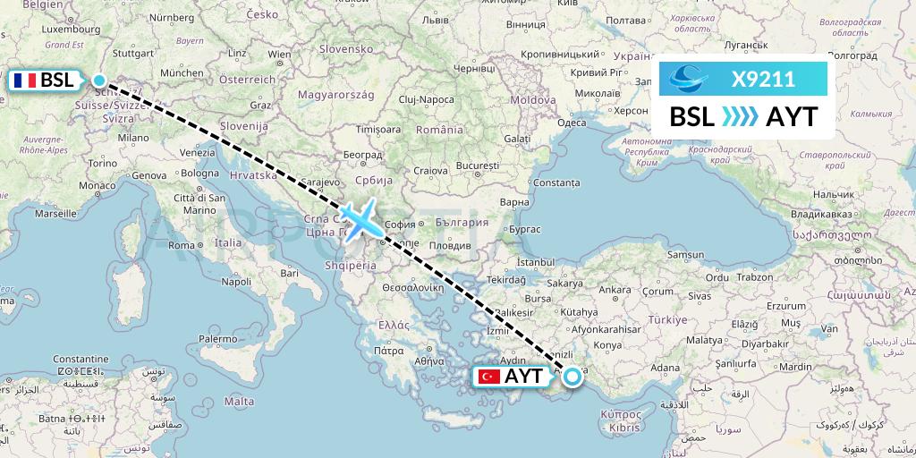 X9211 Avion Express Flight Map: Basel to Antalya