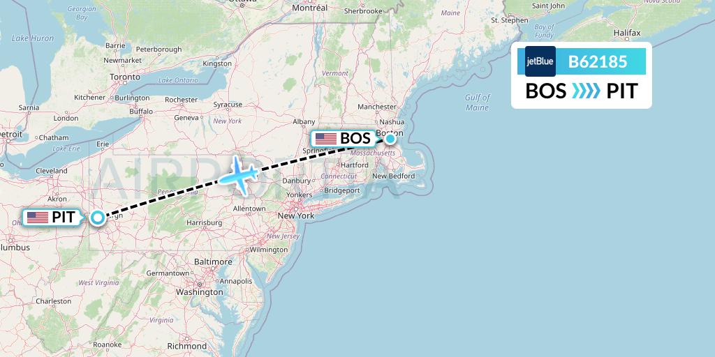 B62185 JetBlue Airways Flight Map: Boston to Pittsburgh