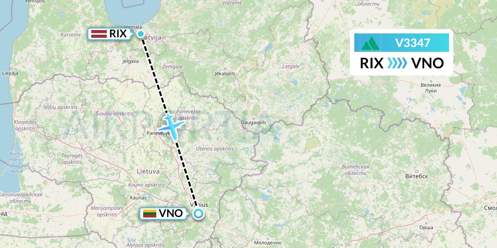 V3347 Carpatair Flight Map: Riga to Vilnius