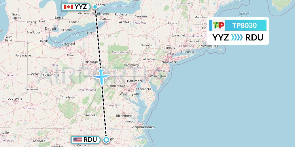 TP8030 TAP Portugal Flight Map: Toronto to Raleigh-Durham