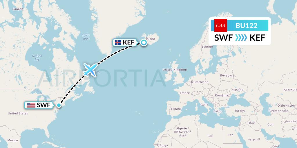 BU122 flyCAA Flight Map: Newburgh to Reykjavik