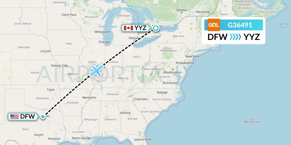 G36491 GOL Transportes Aeros Flight Map: Dallas to Toronto