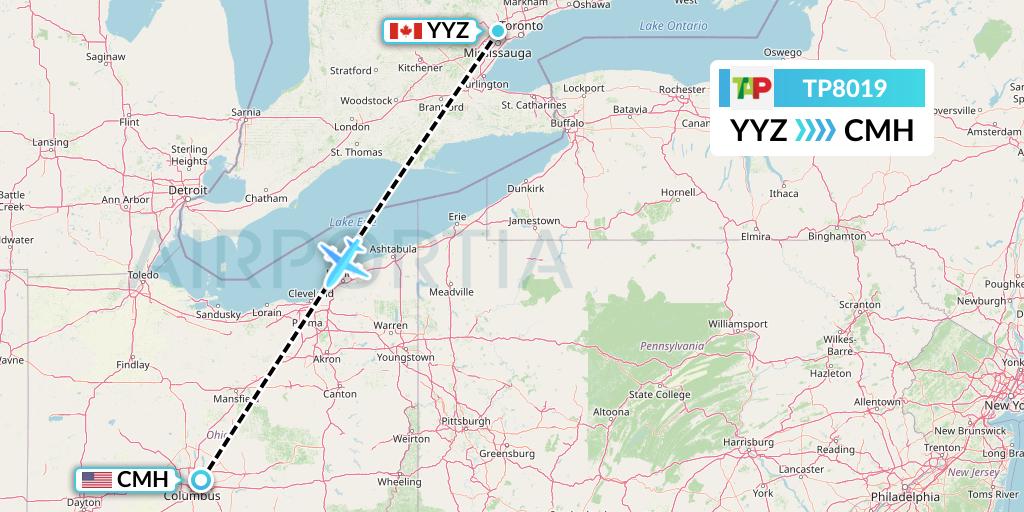 TP8019 TAP Portugal Flight Map: Toronto to Columbus
