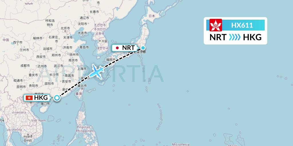 HX611 Hong Kong Airlines Flight Map: Tokyo to Hong Kong
