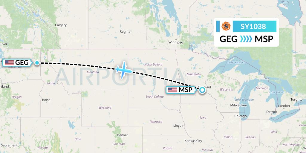 SY1038 Sun Country Airlines Flight Map: Spokane to Minneapolis