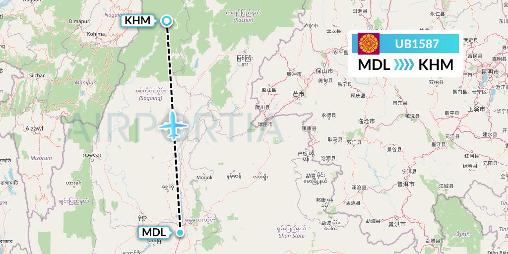 UB1587 Myanmar National Airlines Flight Map: Mandalay to Kanti