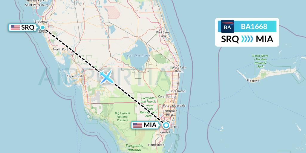 BA1668 British Airways Flight Map: Sarasota to Miami
