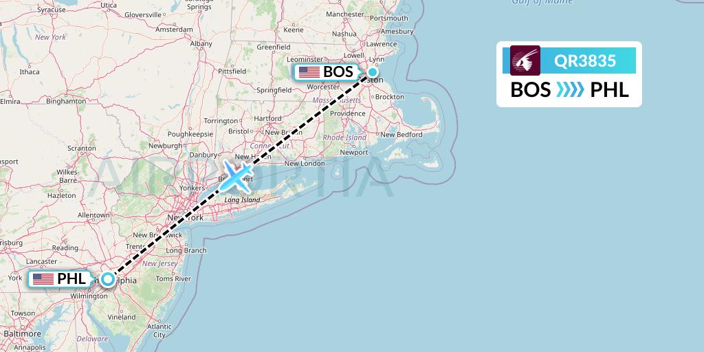 QR3835 Qatar Airways Flight Map: Boston to Philadelphia