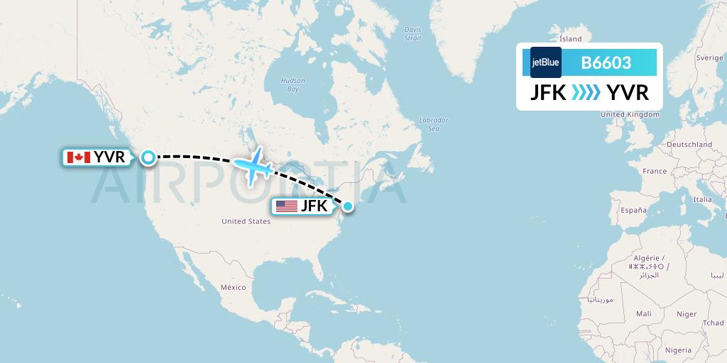 B6603 JetBlue Airways Flight Map: New York to Vancouver