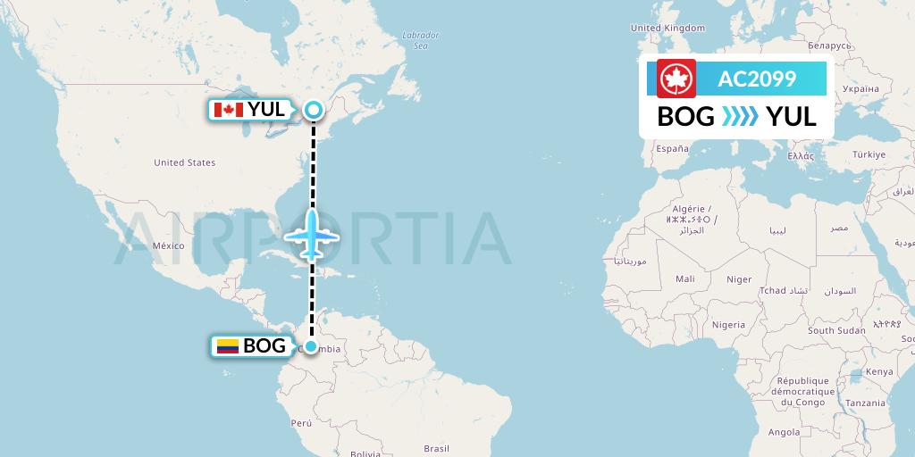 AC2099 Air Canada Flight Map: Bogota to Montreal