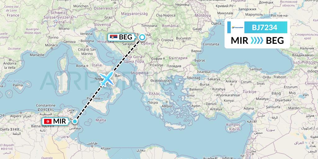 BJ7234 Nouvelair Tunisie Flight Map: Monastir to Belgrade