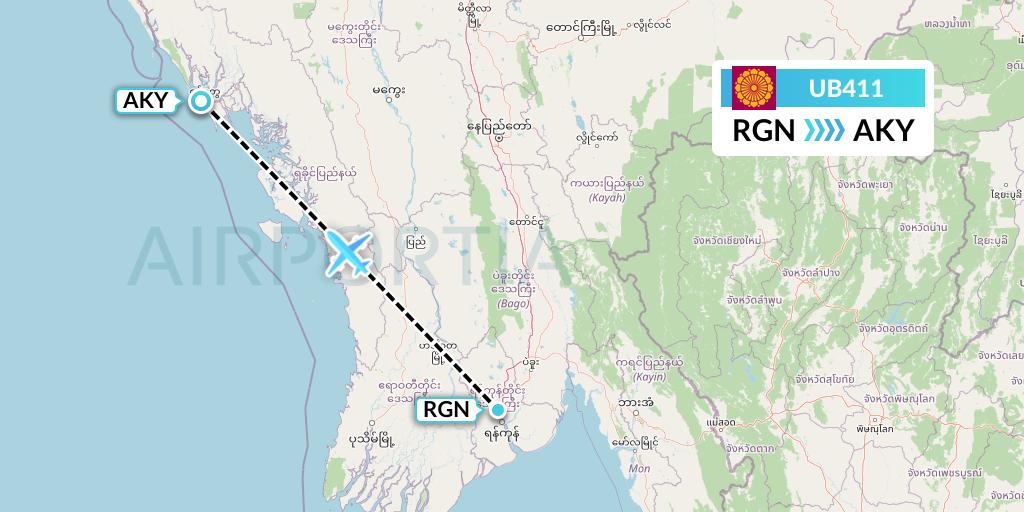 UB411 Myanmar National Airlines Flight Map: Yangon to Sittwe