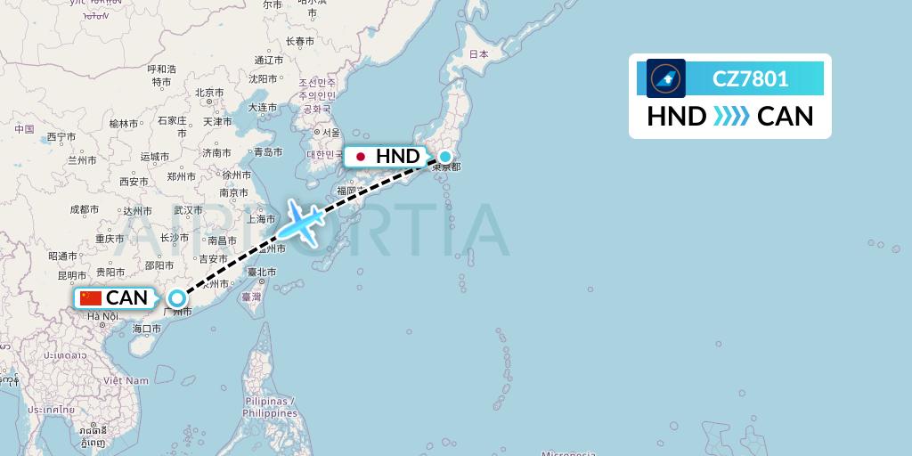 CZ7801 China Southern Airlines Flight Map: Tokyo to Guangzhou