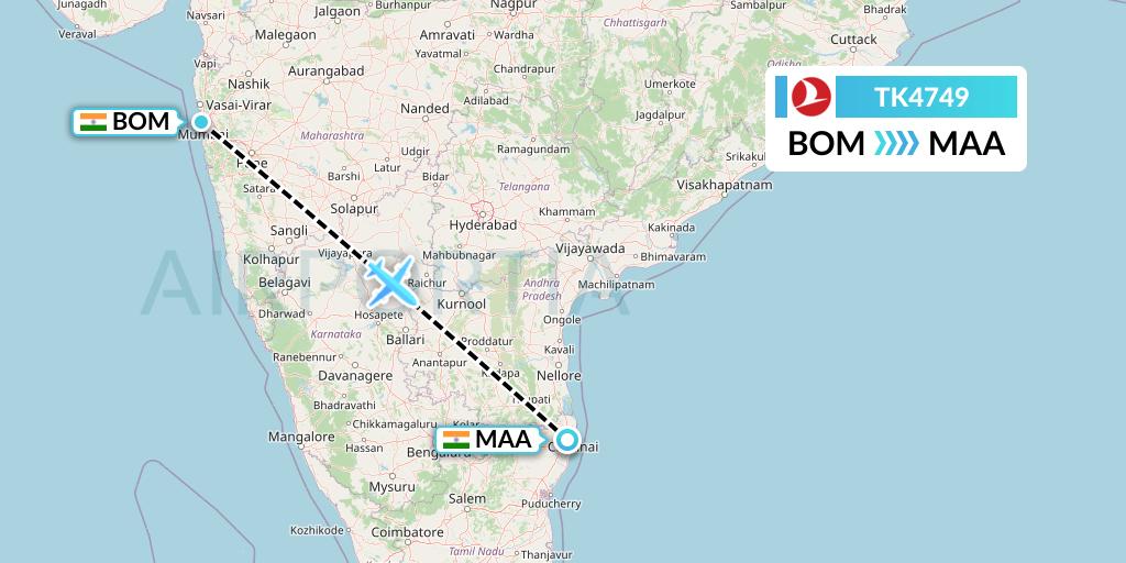 TK4749 Turkish Airlines Flight Map: Mumbai to Chennai