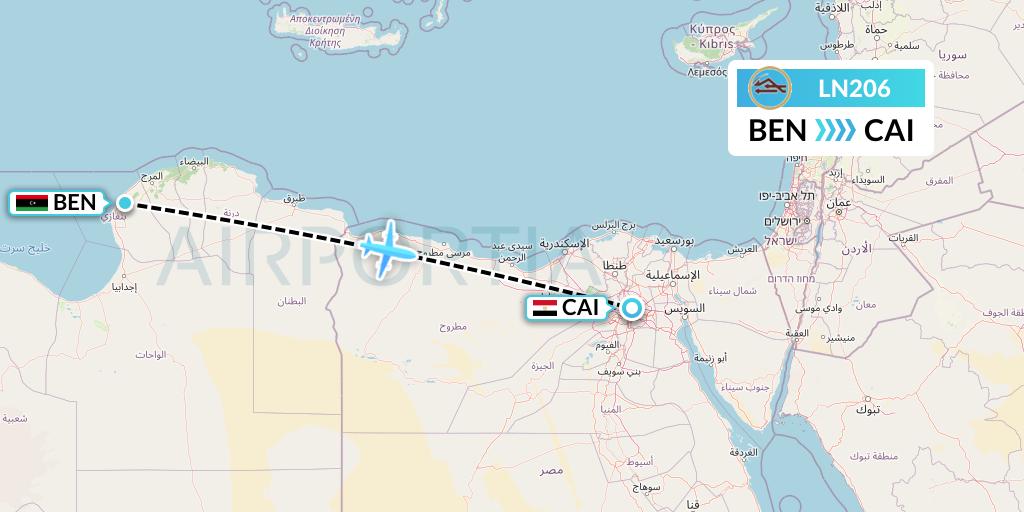 LN206 Libyan Airlines Flight Map: Benghazi to Cairo