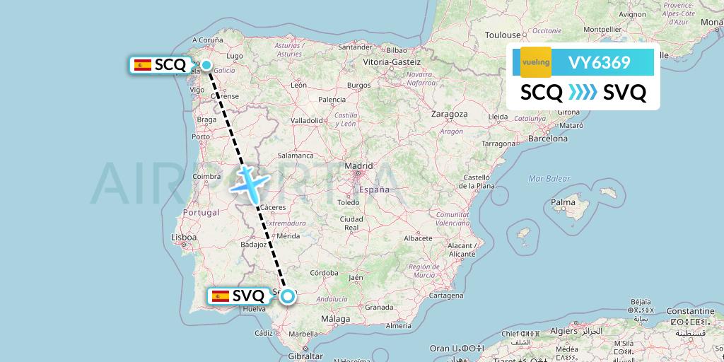 VY6369 Vueling Flight Map: Santiago to Seville