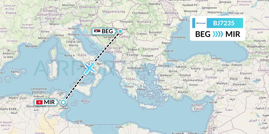 BJ7235 Nouvelair Tunisie Flight Map: Belgrade to Monastir