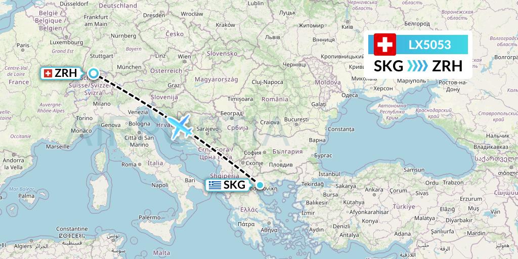 LX5053 Swiss Flight Map: Thessaloniki to Zurich