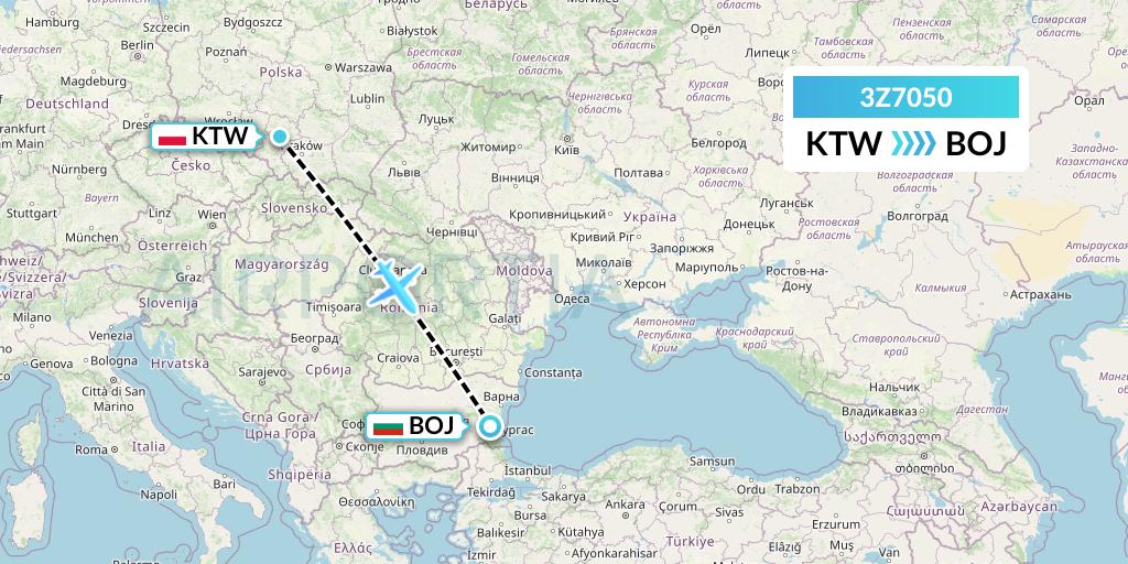 3Z7050 Travel Service Polska Flight Map: Katowice to Burgas