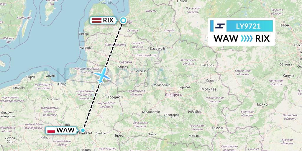 LY9721 El Al Flight Map: Warsaw to Riga