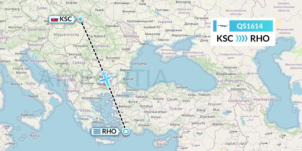 QS1614 Smartwings Flight Map: Kosice to Rhodes