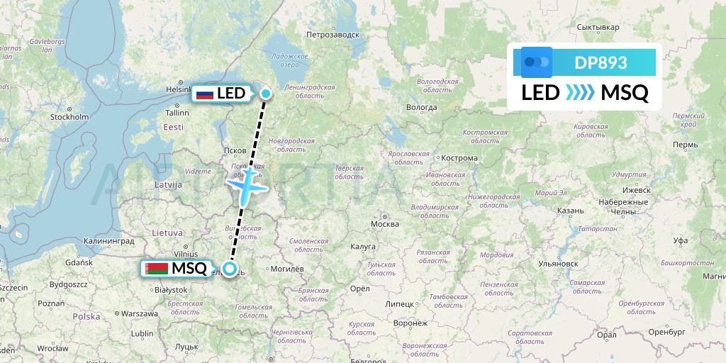 DP893 Pobeda Flight Map: St. Petersburg to Minsk