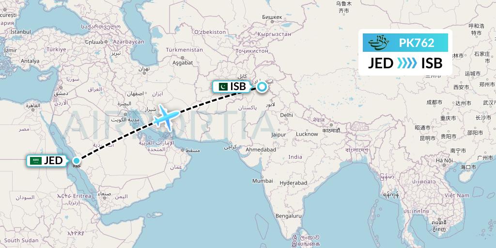 PK762 Pakistan International Airlines Flight Map: Jeddah to Islamabad