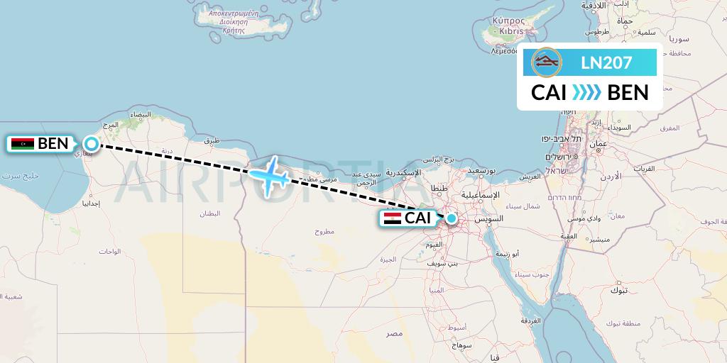 LN207 Libyan Airlines Flight Map: Cairo to Benghazi