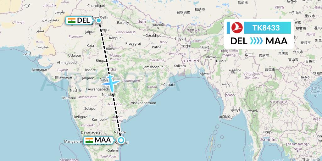 TK8433 Turkish Airlines Flight Map: Delhi to Chennai