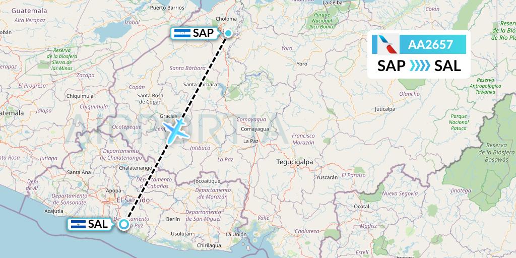 AA2657 American Airlines Flight Map: San Pedro Sula to San Salvador