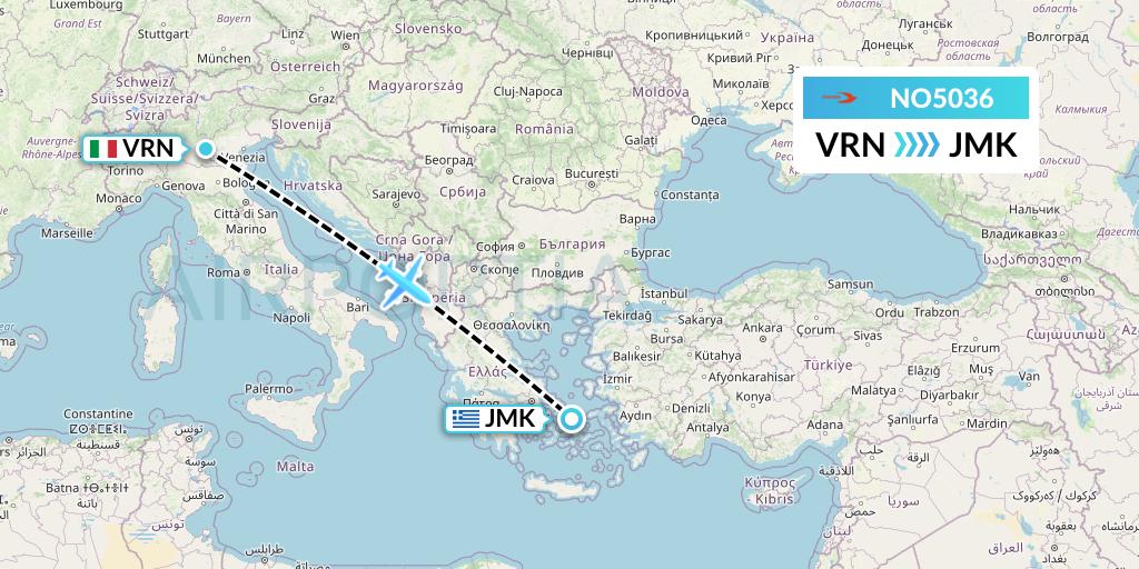 NO5036 Neos Flight Map: Verona to Mykonos