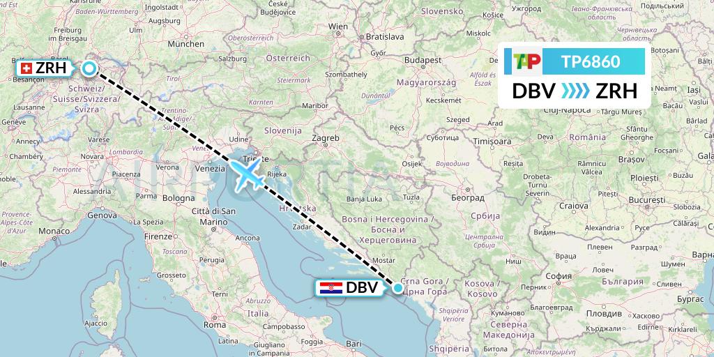 TP6860 TAP Portugal Flight Map: Dubrovnik to Zurich